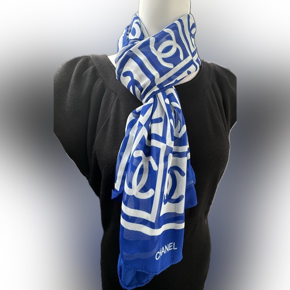 Chanel authentic Blue and White versatile SCARF/BELT/BANDANA 60 “ x approx. 20 “ - Picture 1 of 10